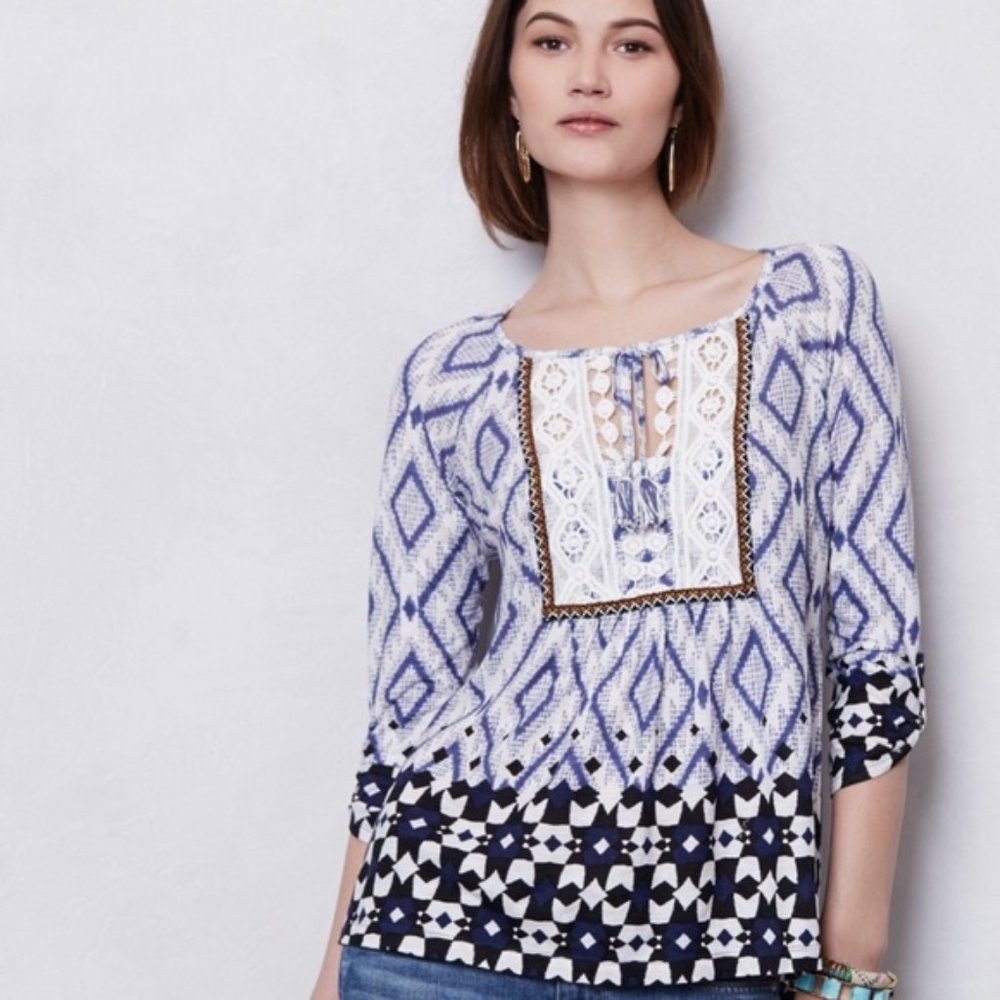 Anthro Vanessa Virginia Blue Ikat Boho Peasant